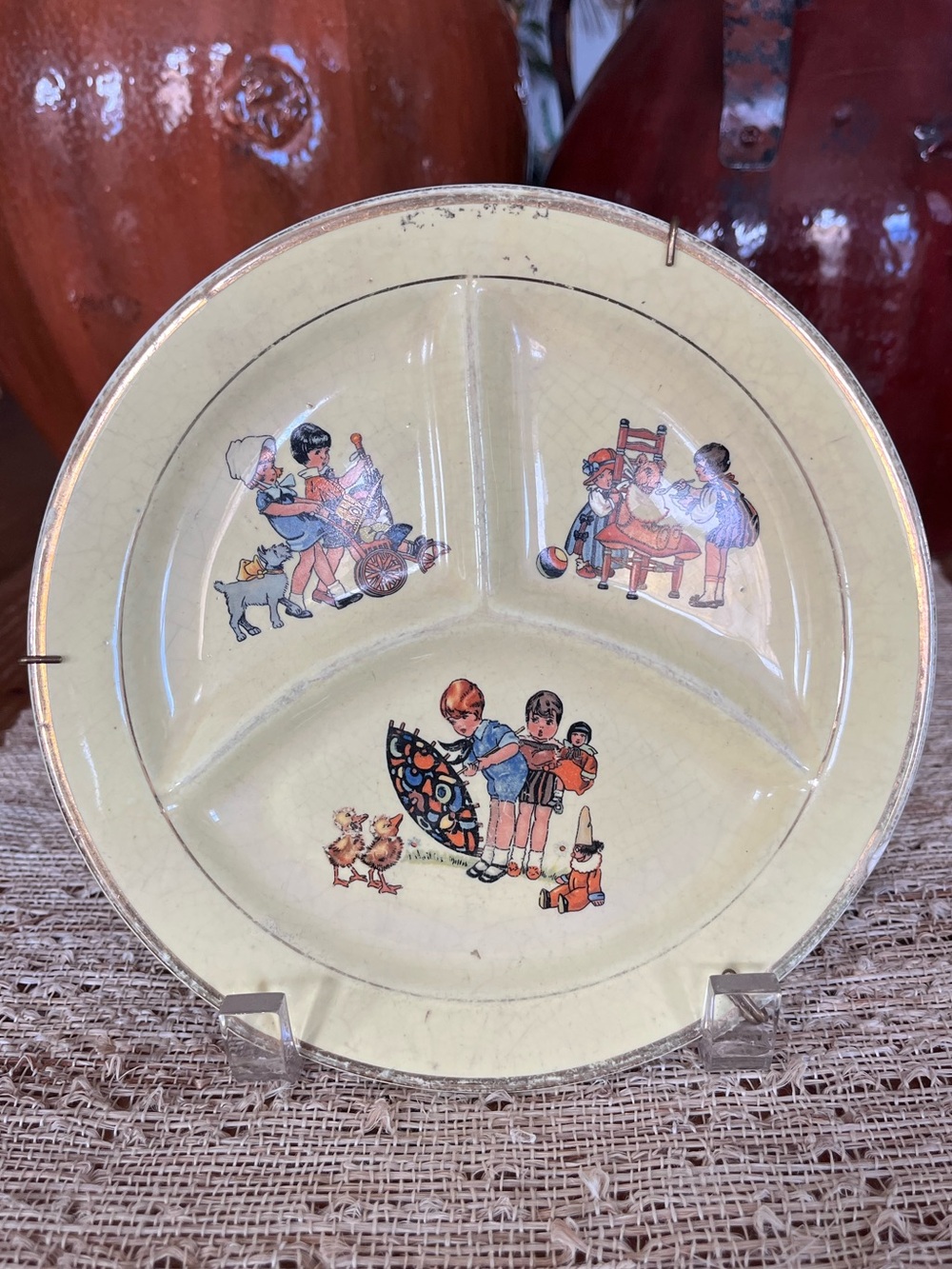 Vintage Children Illustration Wall Plate - Cream with Multicolor Accents
